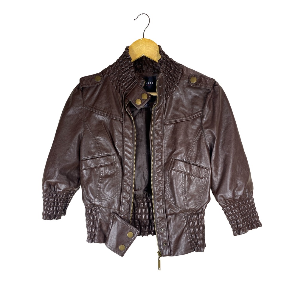 Therapy Brown Vegan Leather Smocked Bomber Jacket Womens Small Edgy Street  Moto - Picture 4 of 10